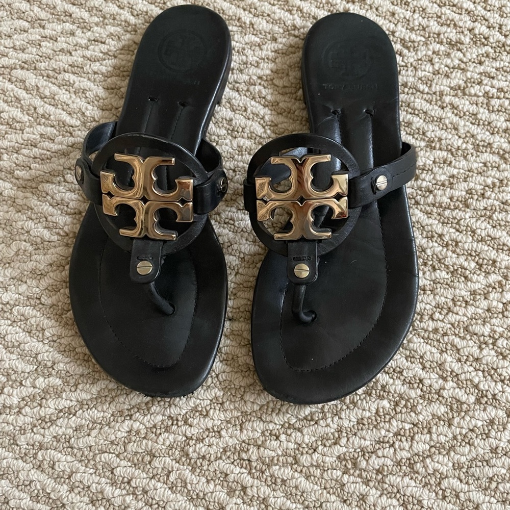 Tory Burch black and gold leather sandals